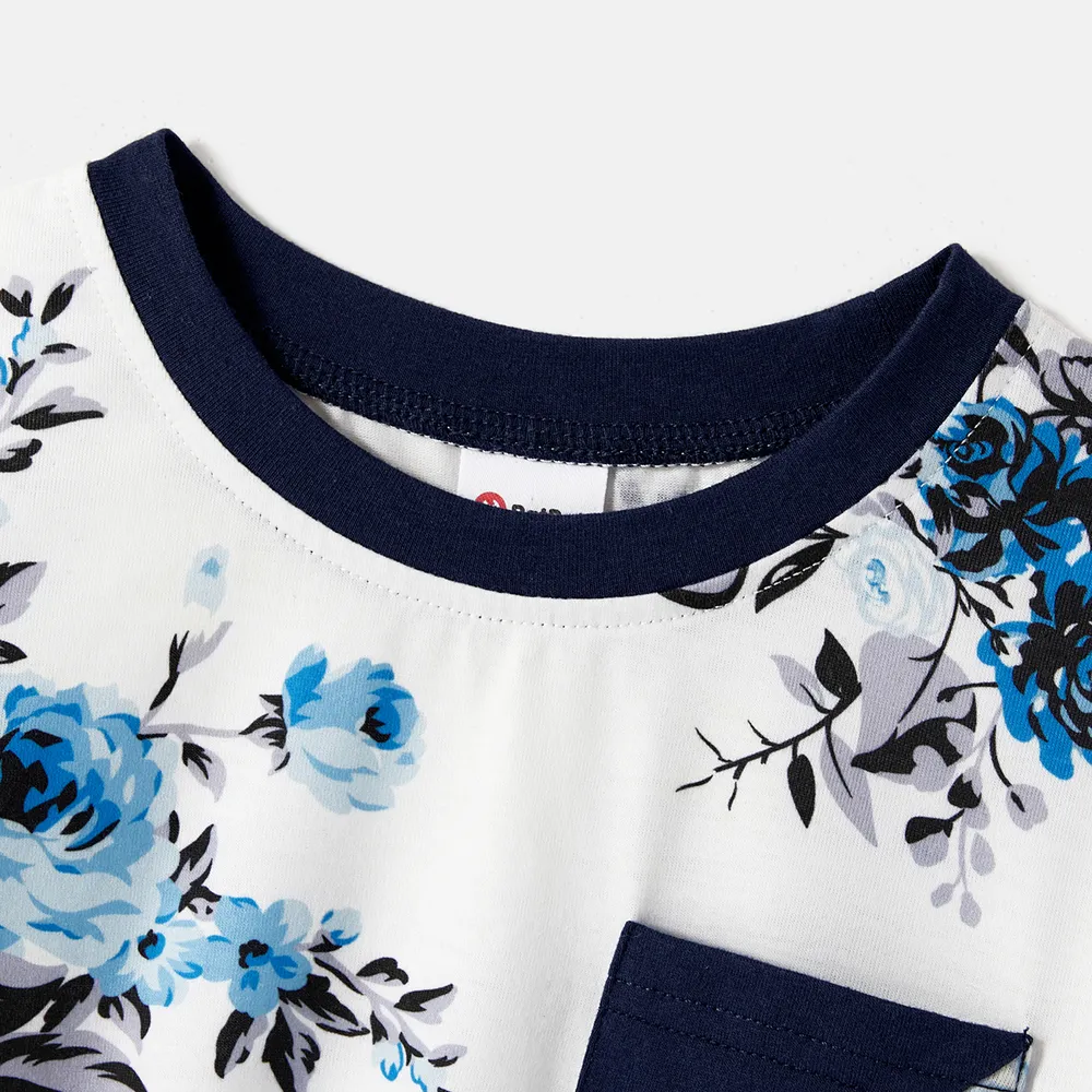 Family Matching 95% Cotton Dark Blue Short-sleeve T-shirts and Floral Print Spliced Dresses Sets  big image 11