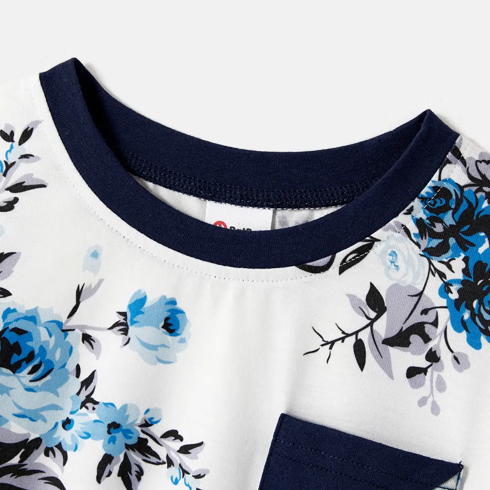 Family Matching 95% Cotton Dark Blue Short-sleeve T-shirts and Floral Print Spliced Dresses Sets big image 11