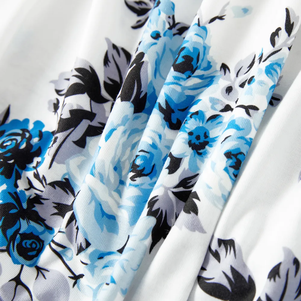 Family Matching 95% Cotton Dark Blue Short-sleeve T-shirts and Floral Print Spliced Dresses Sets big image 3