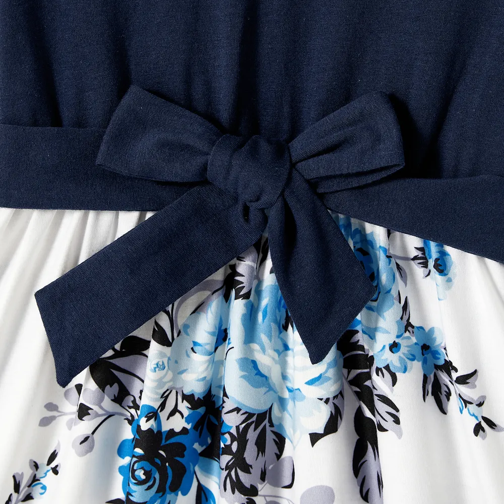 Family Matching 95% Cotton Dark Blue Short-sleeve T-shirts and Floral Print Spliced Dresses Sets big image 14