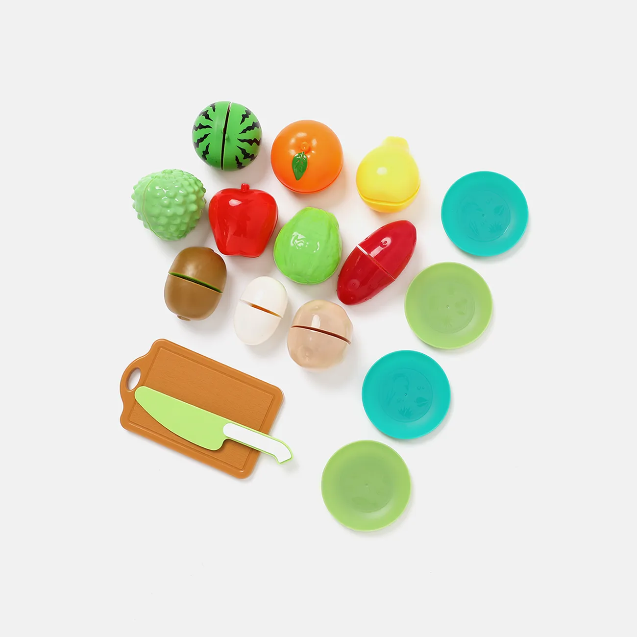 16Pcs BPA Free Plastic Cutting Play Food Toy Kids Cuttable Fruits Vegetables Set with Knives & Cutting Board & Plates (Knife Color Random) Color-A big image 1