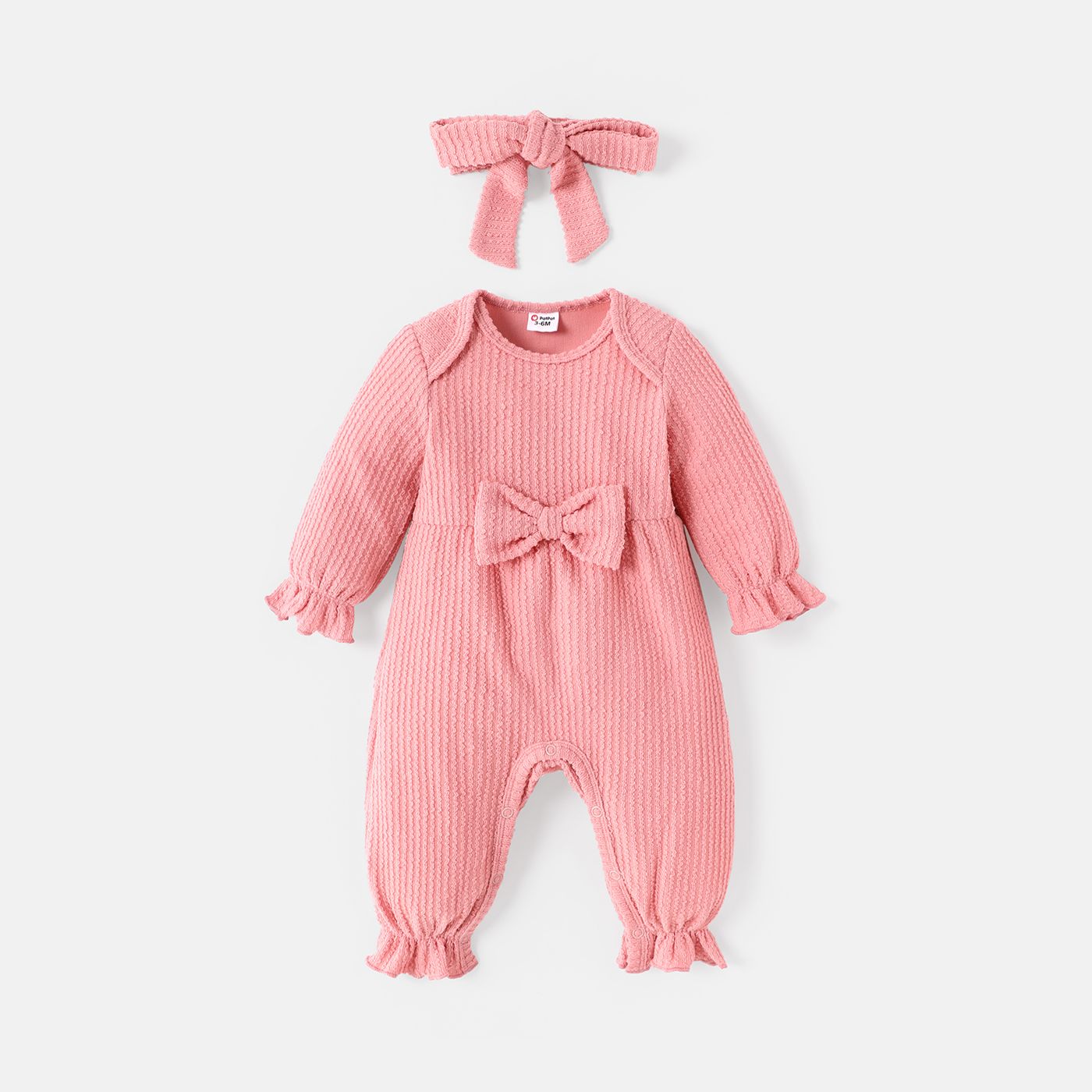 

2pcs Baby Girl Solid Textured Bow Front Long-sleeve Jumpsuit & Headband Set