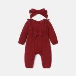 2pcs Baby Girl Solid Ribbed Ruffle Trim Bow Front Long-sleeve Pretty with Headband Set WineRed
