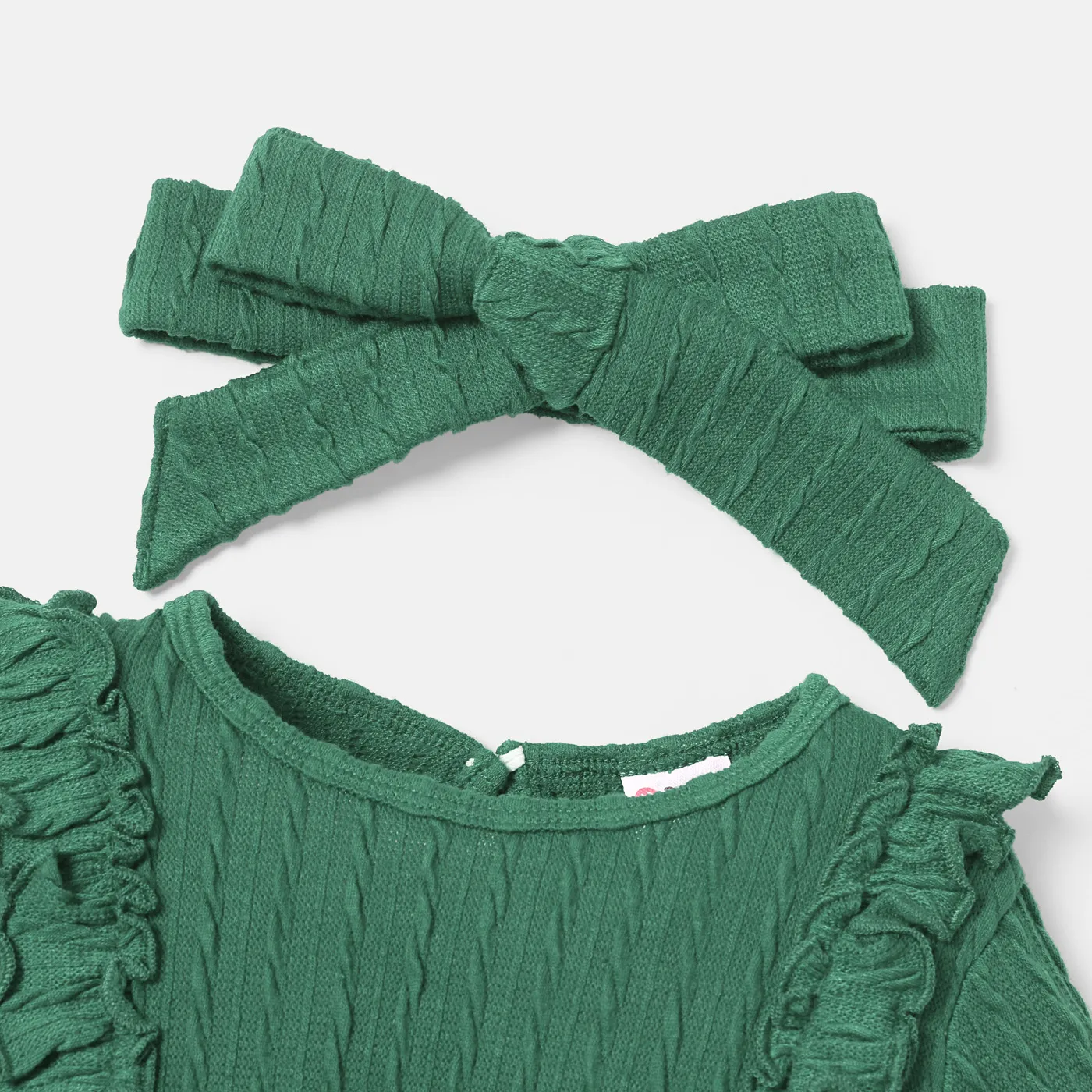 2pcs Baby Girl Solid Ribbed Ruffle Trim Bow Front Long-sleeve Pretty with Headband Set  image 3