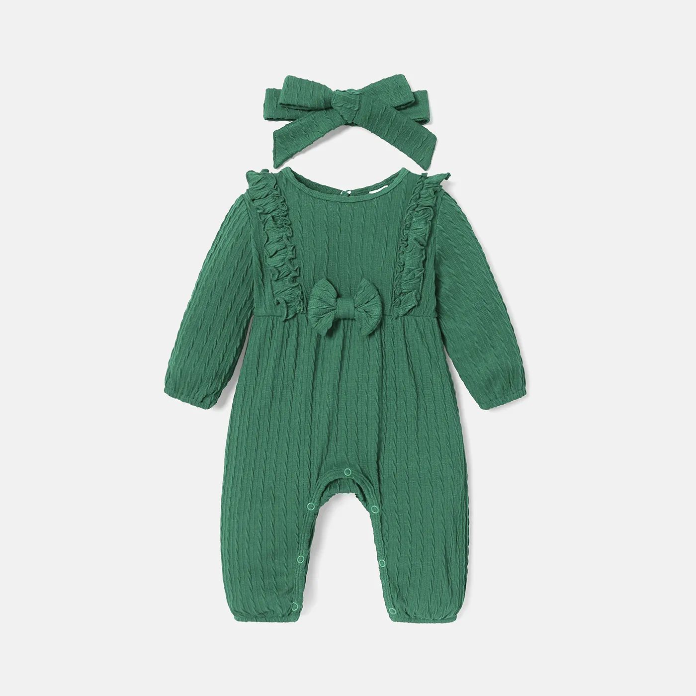 2pcs Baby Girl Solid Ribbed Ruffle Trim Bow Front Long-sleeve Pretty with Headband Set  big image 1