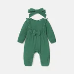 2pcs Baby Girl Solid Ribbed Ruffle Trim Bow Front Long-sleeve Pretty with Headband Set Light Green