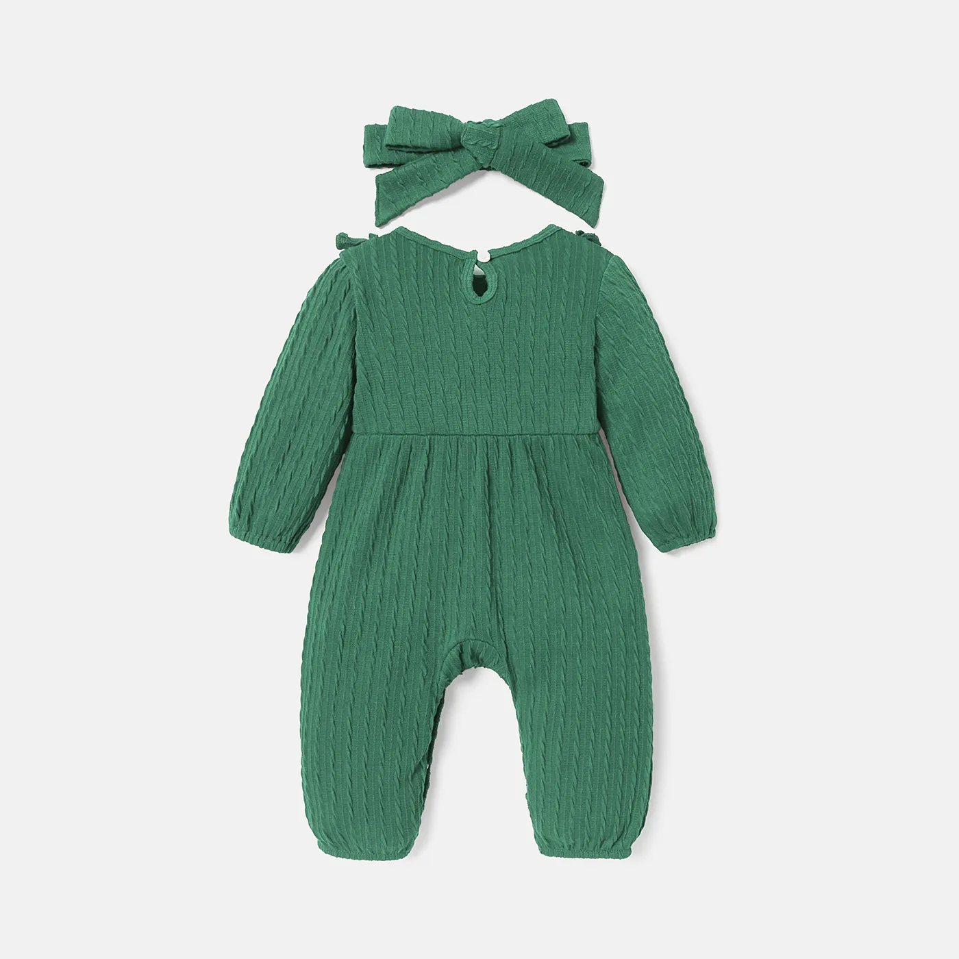 2pcs Baby Girl Solid Ribbed Ruffle Trim Bow Front Long-sleeve Pretty with Headband Set  image 2
