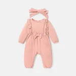 2pcs Baby Girl Solid Ribbed Ruffle Trim Bow Front Long-sleeve Pretty with Headband Set Pink