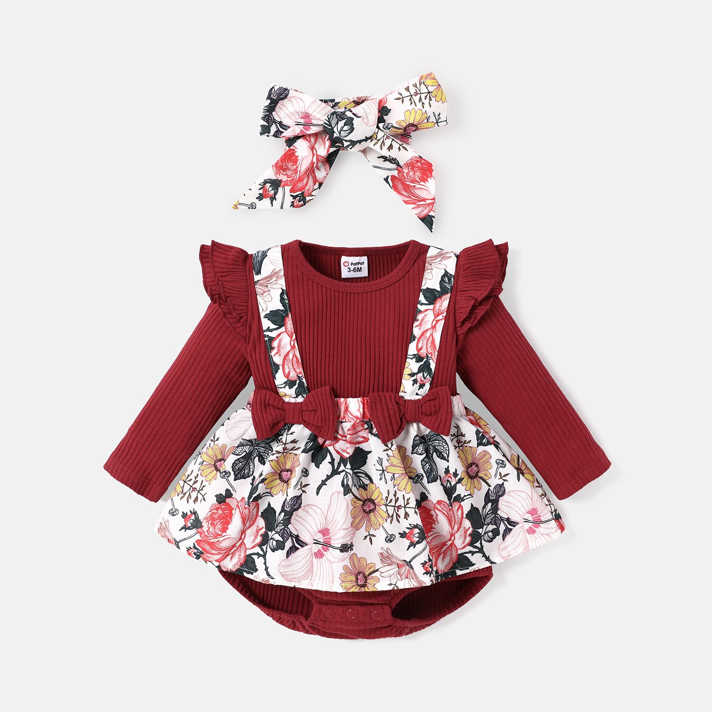 2pcs Baby Girl Floral Print & Solid Ribbed Bow Front Ruffle Long-sleeve Romper & Headband Set