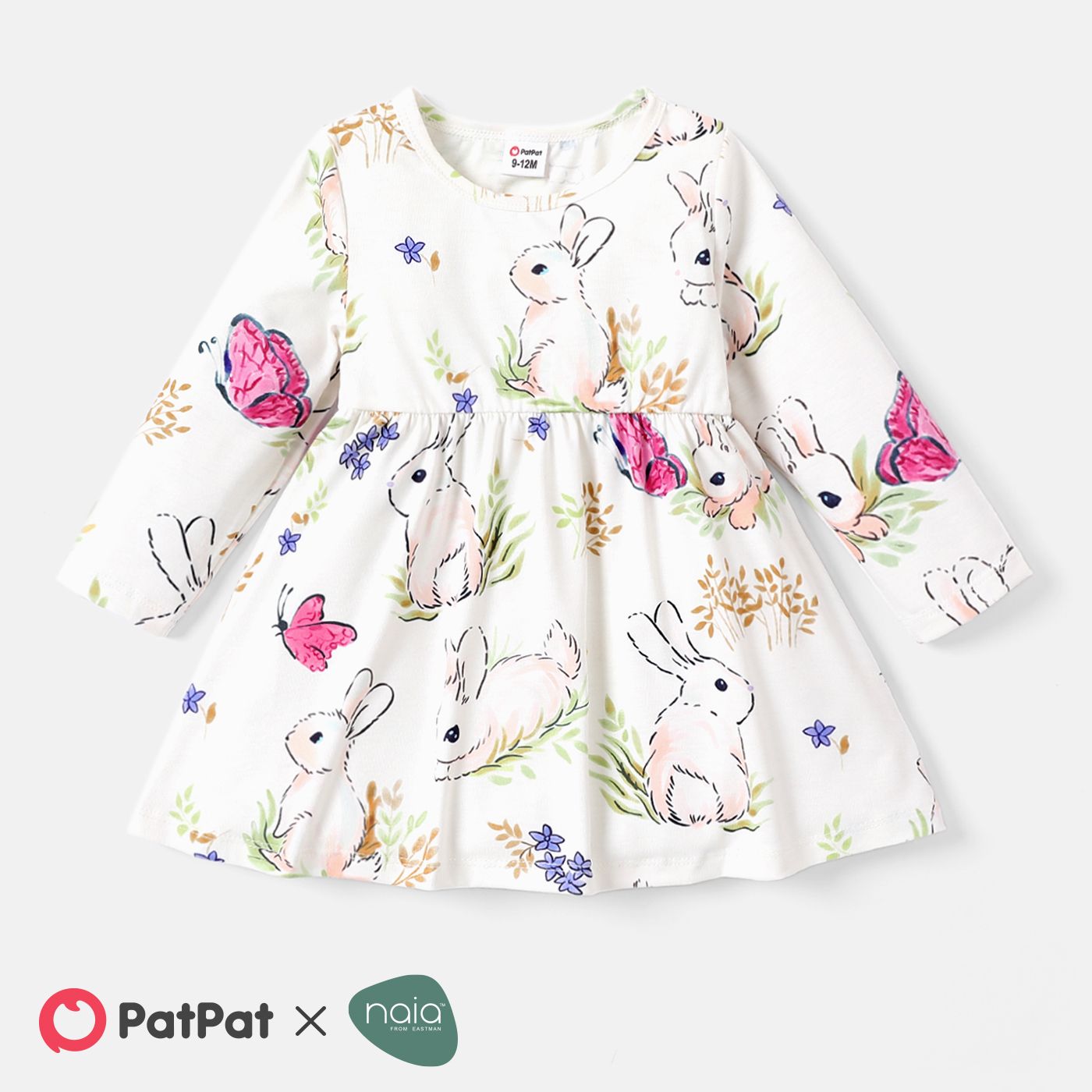 Baby Girl Allover Rabbit Print Long-sleeve Naia Dress