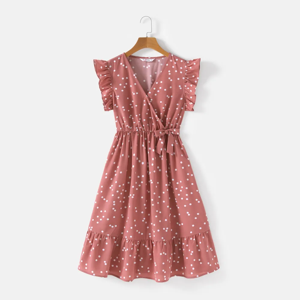 All Over Dots Pink Cross Wrap V Neck Ruffle Flutter-sleeve Dress for Mom and Me  big image 8