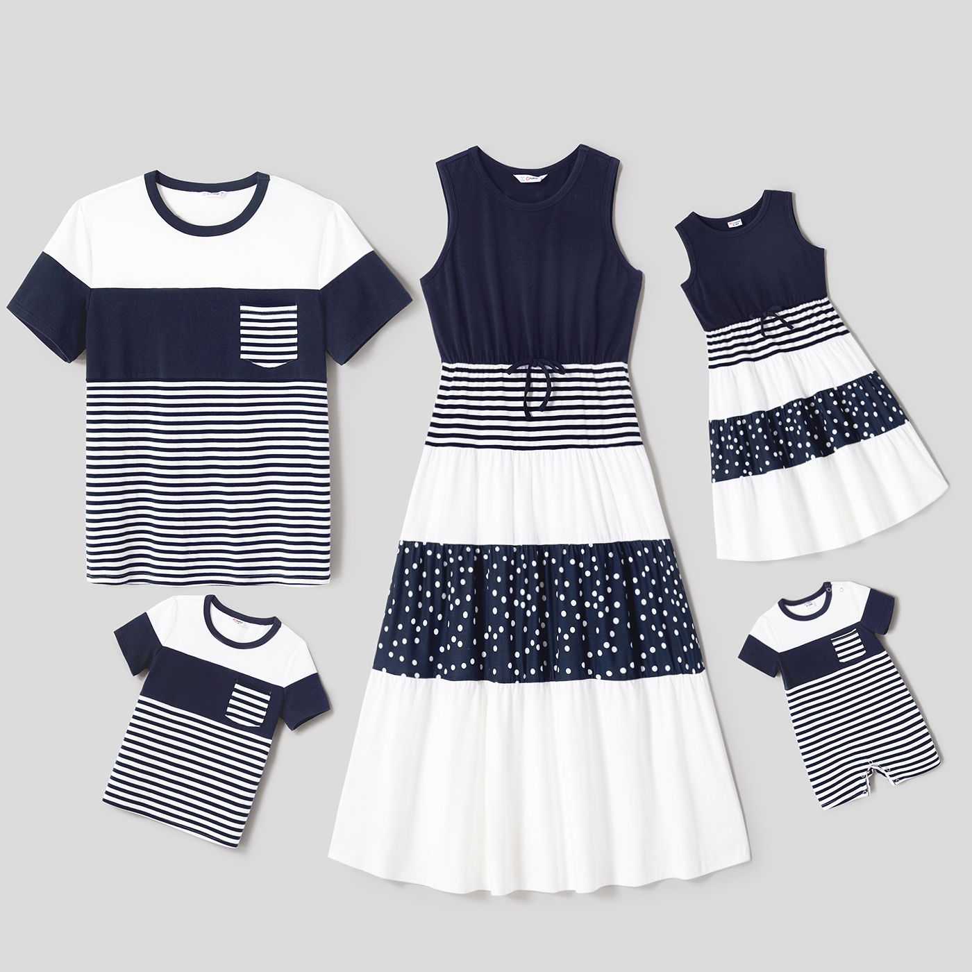 

Family Matching Dots & Striped Colorblock Drawstring Tank Dresses and Short-sleeve T-shirts Sets