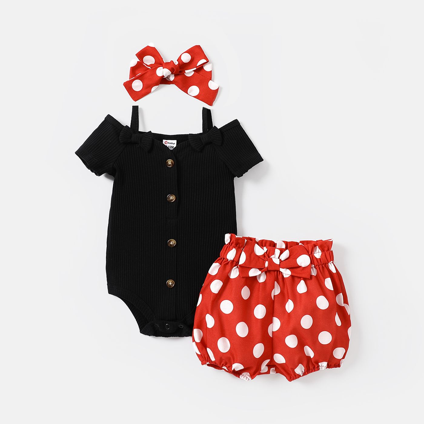 

3pcs Baby Girl Black Cotton Ribbed Cold Shoulder Short-sleeve Button Front Romper and Polka Dots Print Short-sleeve & Headband Set