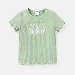 Toddler Girl Letter Embroidered Lettuce Trim Cotton Short-sleeve Tee Aqua