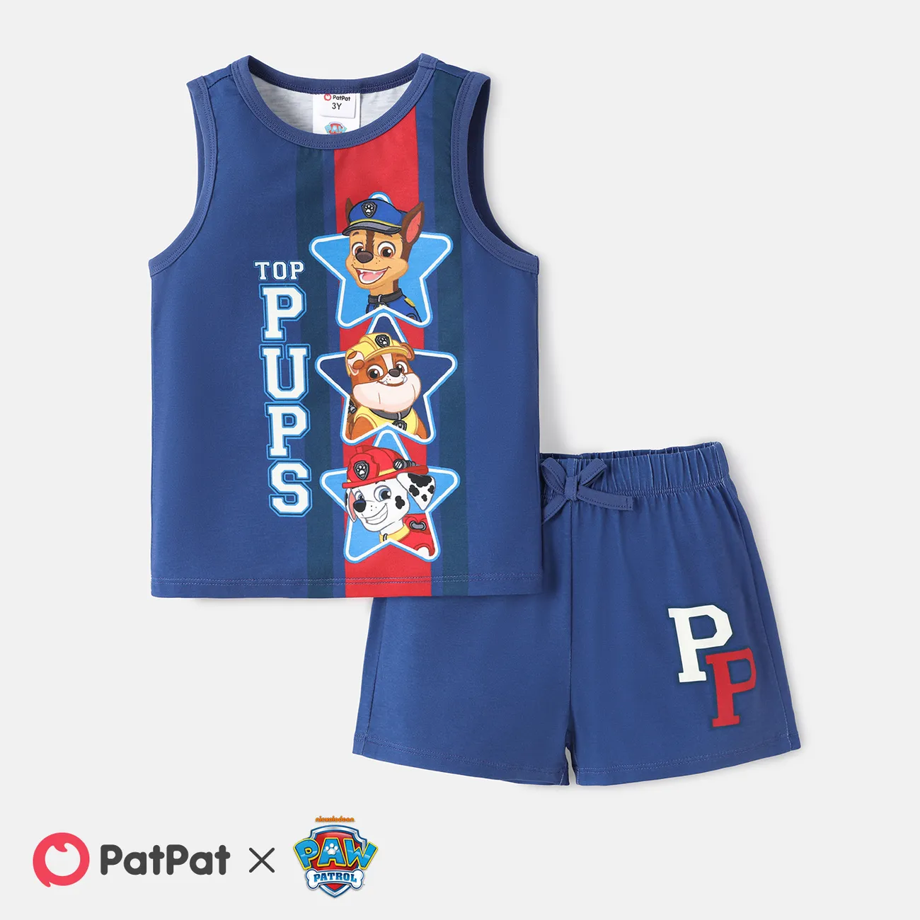 PAW Patrol 2pcs Toddler Boy Letter Print Tank Top and Elasticized Shorts Set Blue big image 1