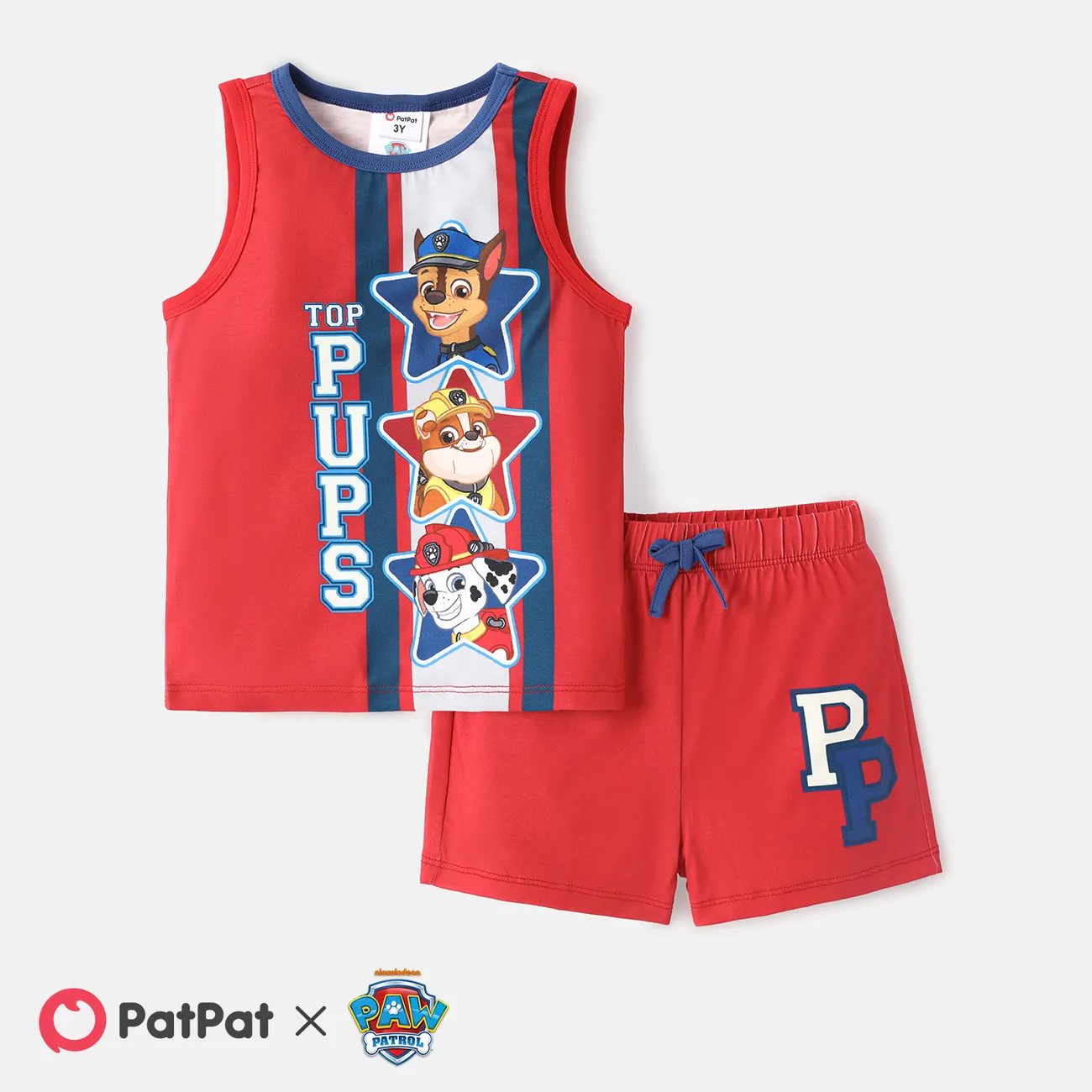 PAW Patrol 2pcs Toddler Boy Letter Print Tank Top and Elasticized Shorts Set Red big image 1