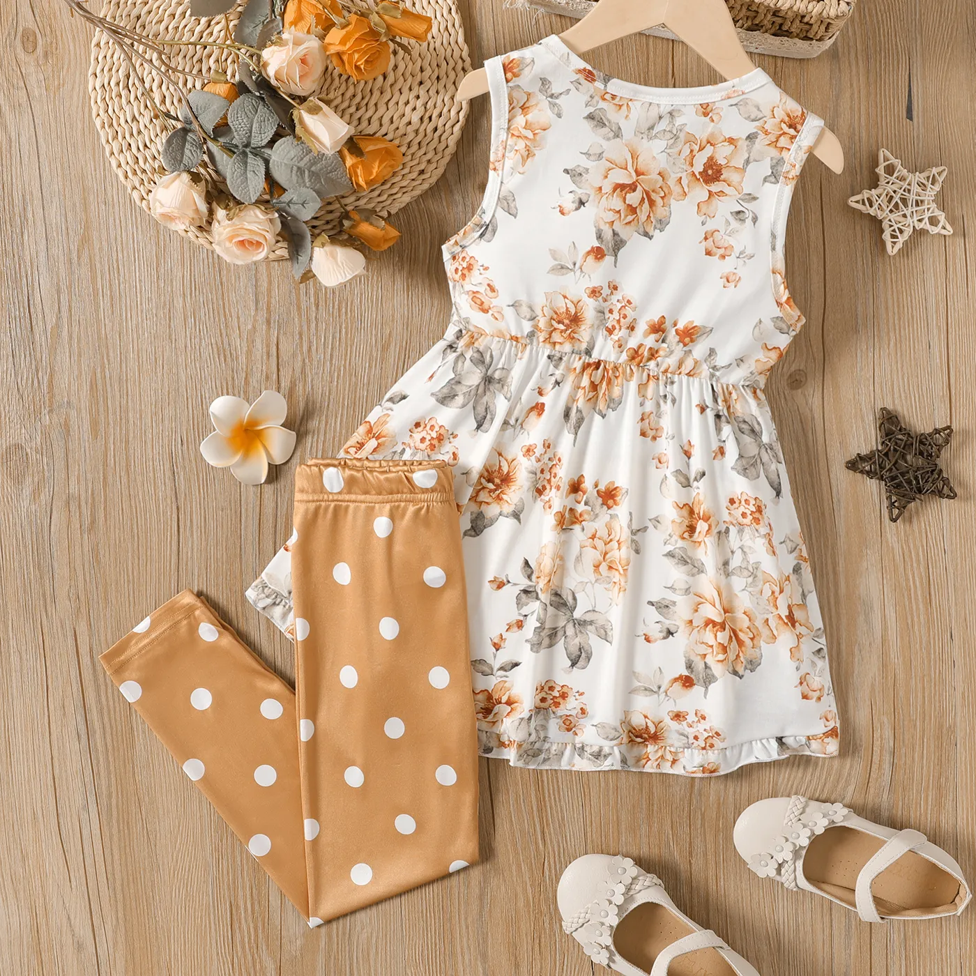 2pcs Kid Girl 3D Bowknot Design High Low Ruffled Sleeveless Tee and Polka dots Leggings Set  image 5