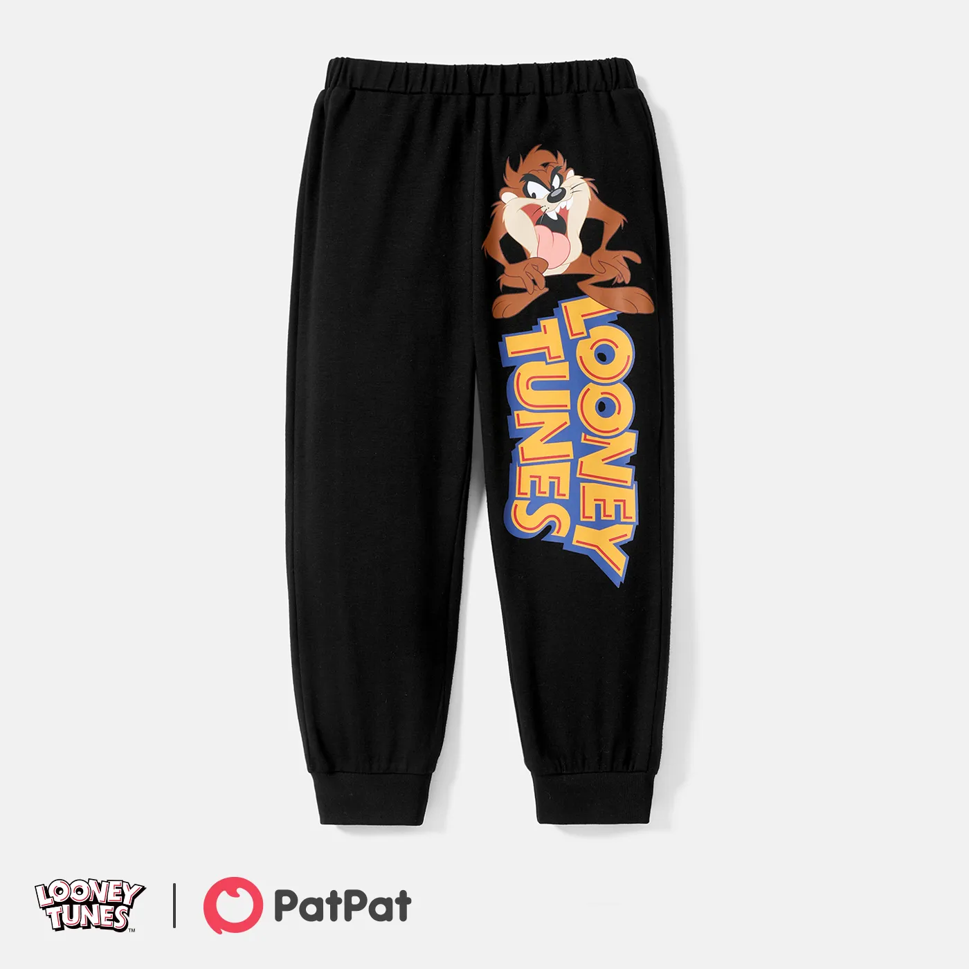 Looney Tunes Calça infantil de algodão elástico com estampa de letras Preto