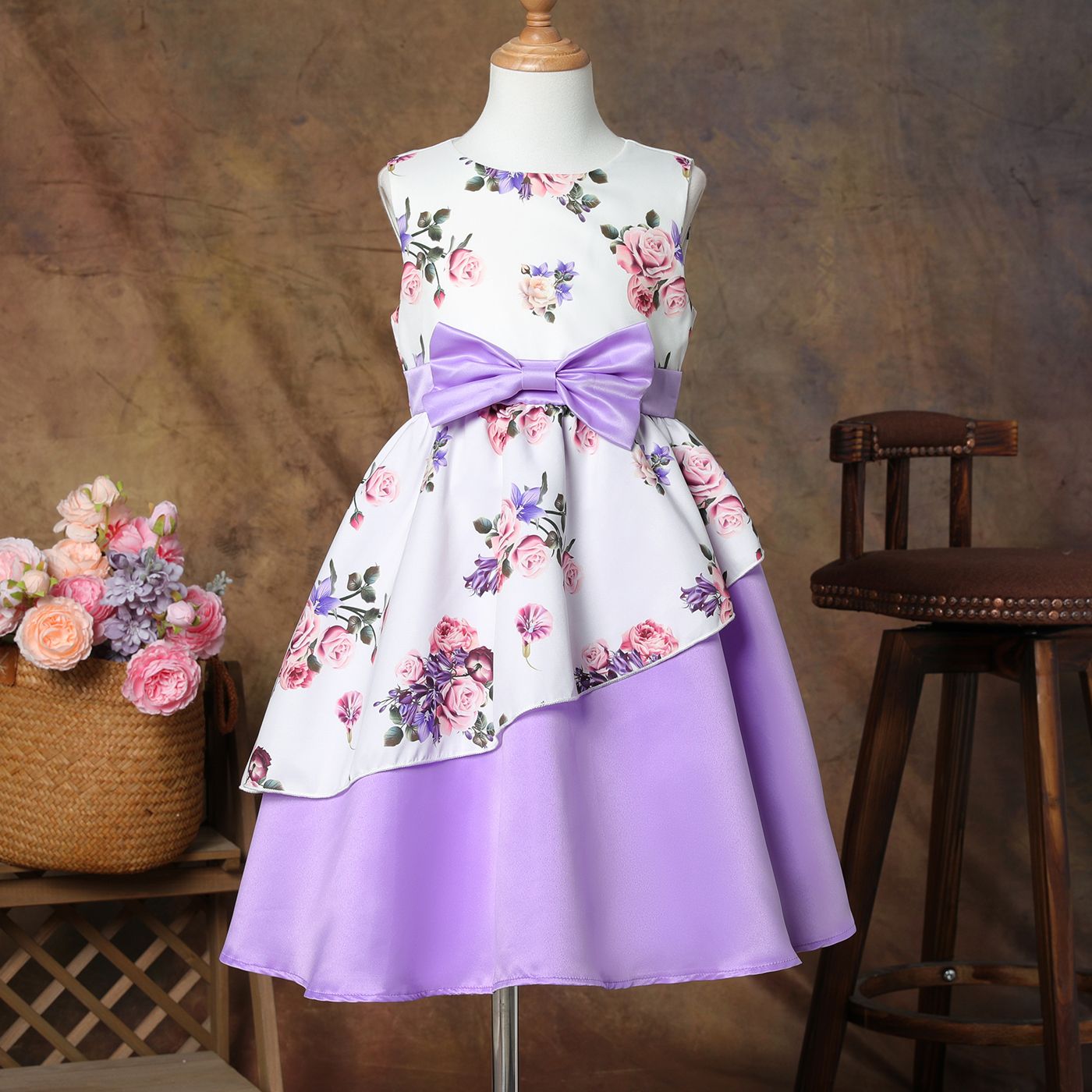 

Kid Girl Floral Print 3D Bowknot Design Splice Sleeveless Evening Party Dress