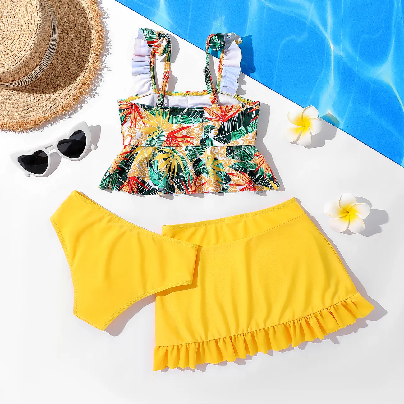 3pcs Kid Girl Floral Print Ruffled Swimsuit Yellow big image 1