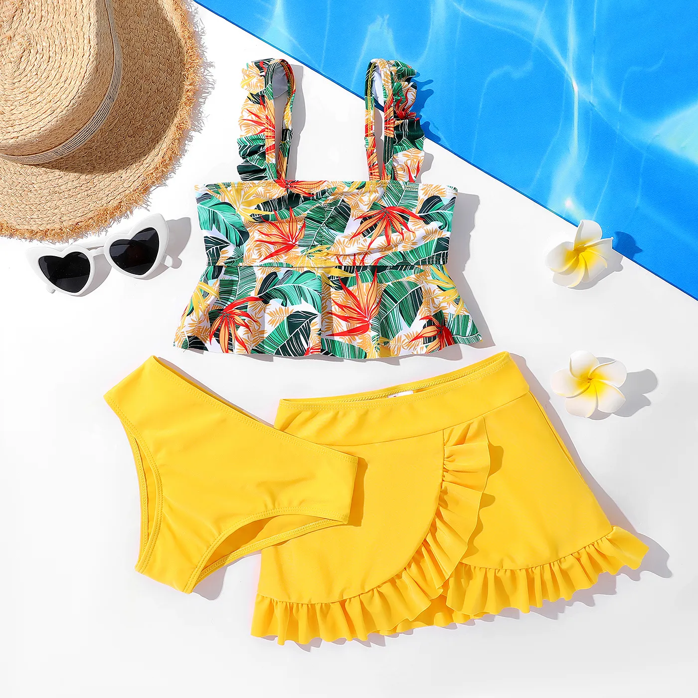 3pcs Kid Girl Floral Print Ruffled Swimsuit