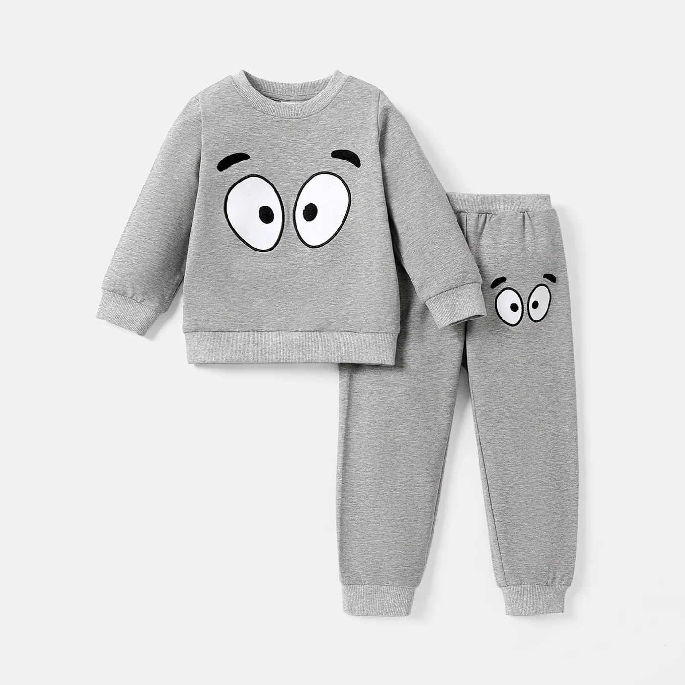2pcs Toddler Boy Face Graphic Print Cotton Sweatshirt and Pants Set Lightgrey big image 1
