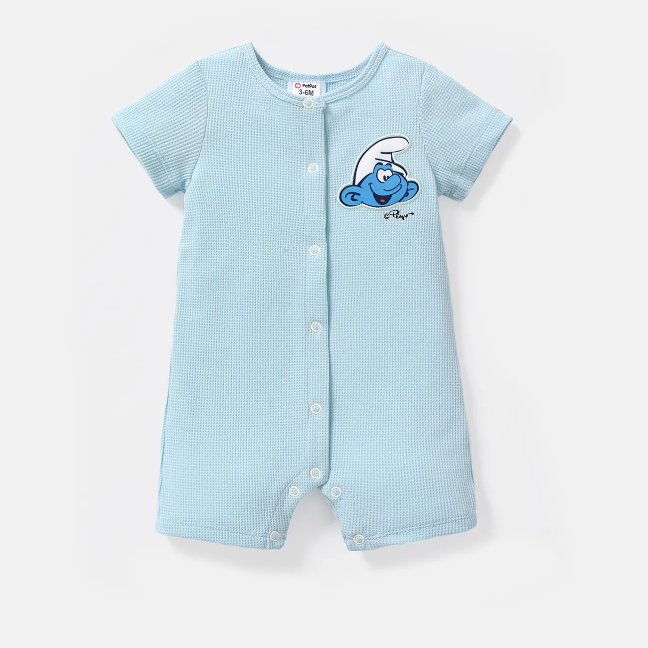 The Smurfs Baby Boy/Girl Short-sleeve Solid Waffle or Allover Print Naia™ Romper Light Blue big image 1