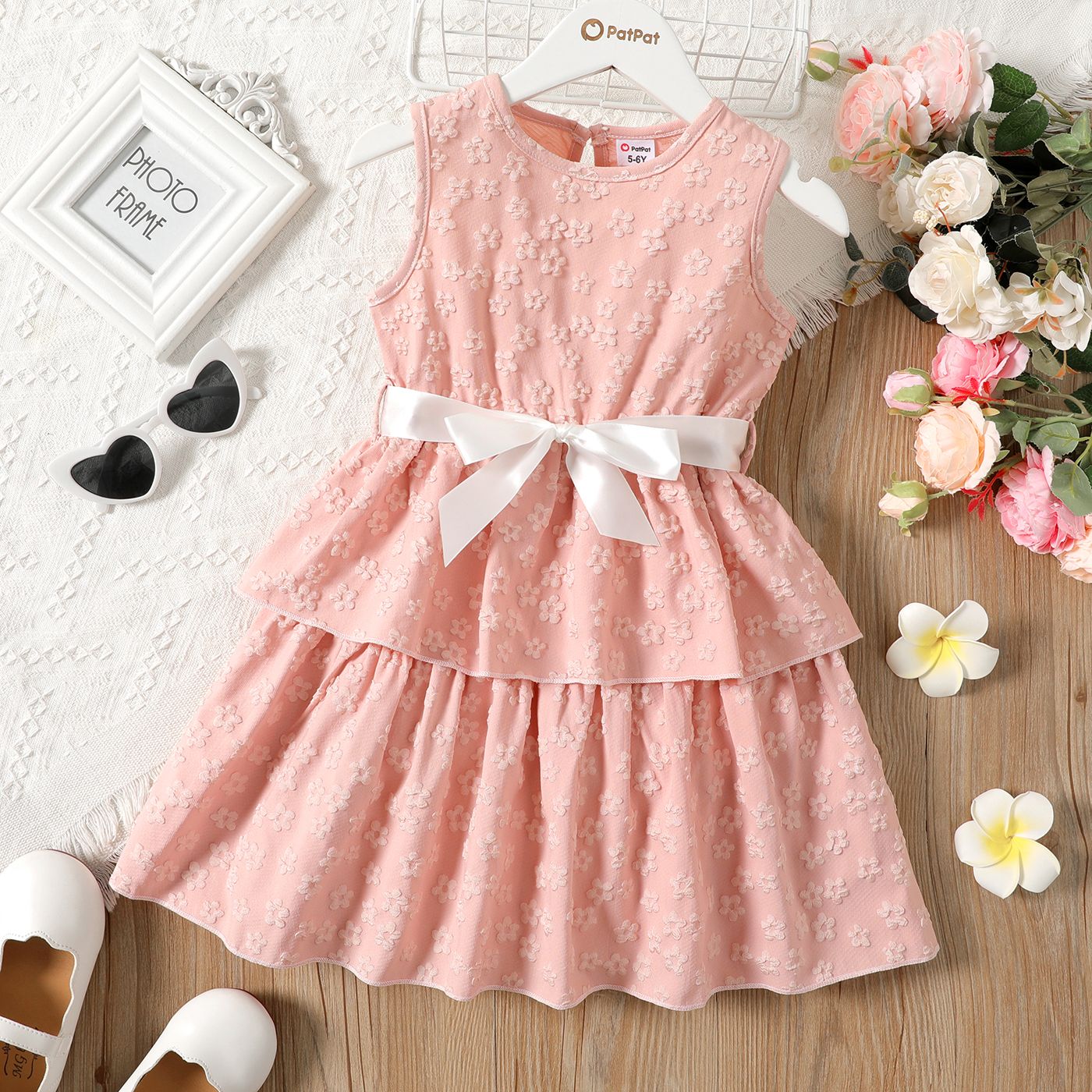 

Kid Girl Floral Embroidered Belted Layered Tank Dress