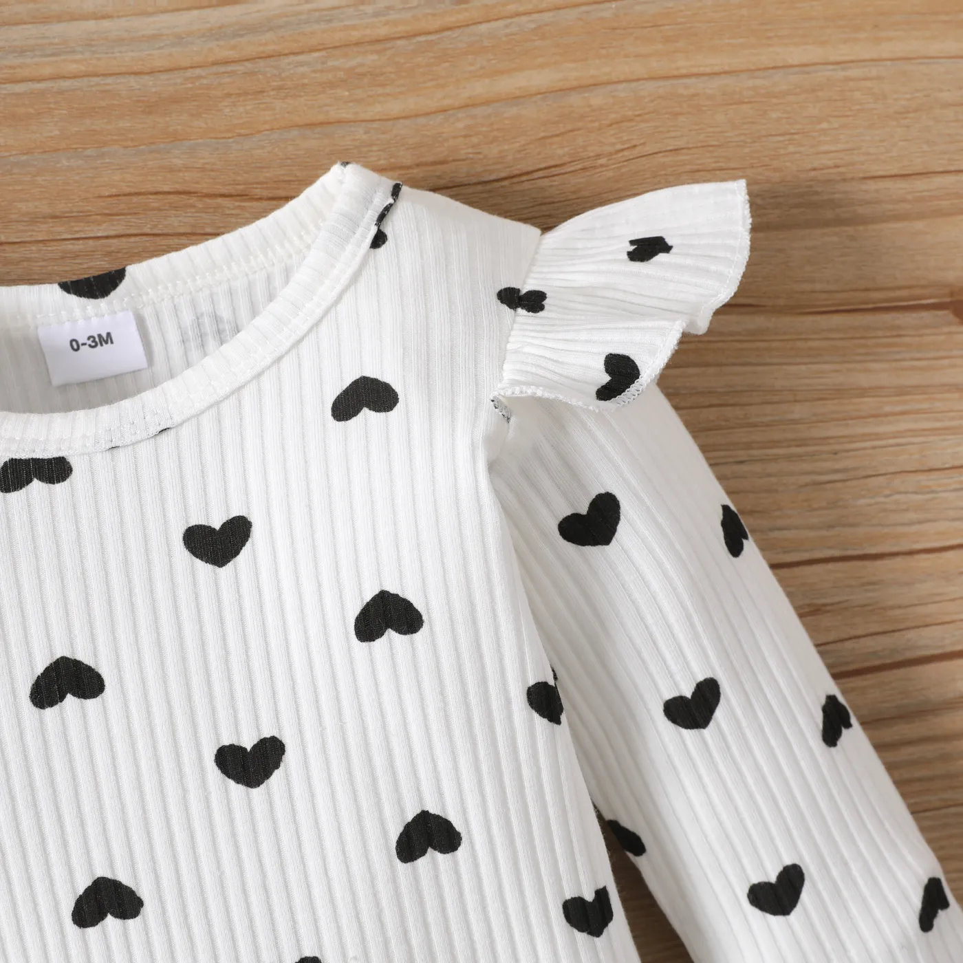 3pcs Baby Girl 100% Cotton Denim Overall Dress and Allover Heart Print Ribbed Ruffle Trim Long-sleeve Romper with Headband Set Pink image 5