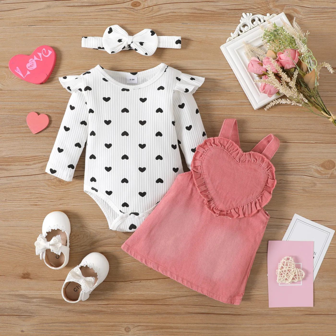 3pcs Baby Girl 100% Cotton Denim Overall Dress and Allover Heart Print Ribbed Ruffle Trim Long-sleeve Romper with Headband Set Pink big image 1