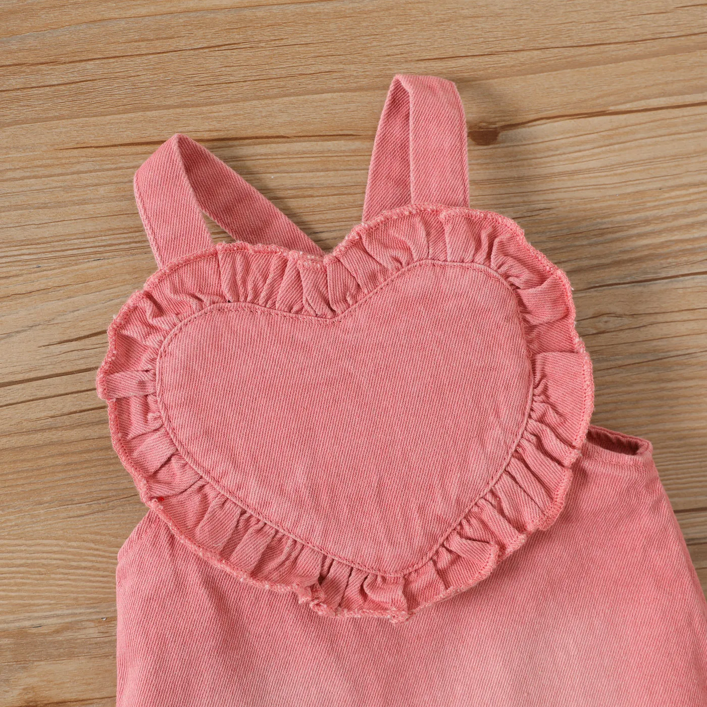 3pcs Baby Girl 100% Cotton Denim Overall Dress and Allover Heart Print Ribbed Ruffle Trim Long-sleeve Romper with Headband Set Pink image 4