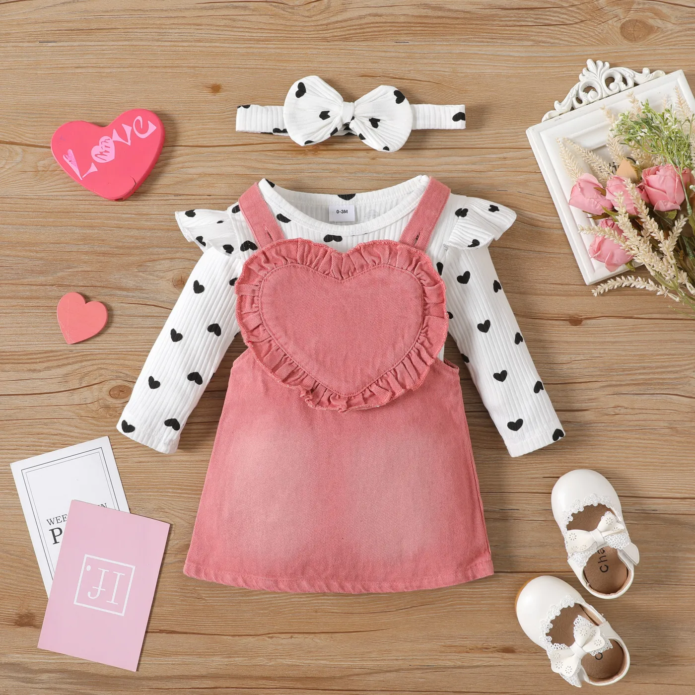 3pcs Baby Girl 100% Cotton Denim Overall Dress and Allover Heart Print Ribbed Ruffle Trim Long-sleeve Romper with Headband Set Pink image 3