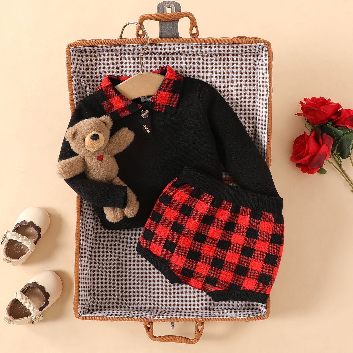 Image of 2pcs Baby Boy Red Plaid Polo Neck Long-sleeve Knitted Sweater and Shorts Set