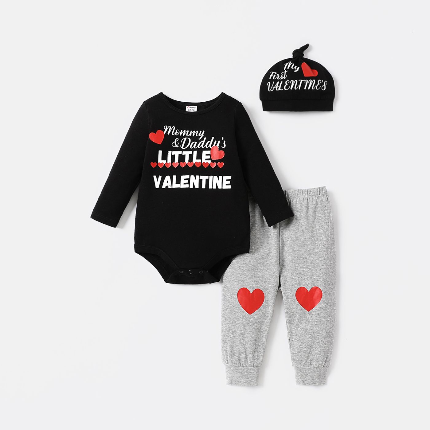 

Valentine's Day 3pcs Baby Boy Cotton Long-sleeve Letter Graphic Romper and Pants & Hat Set
