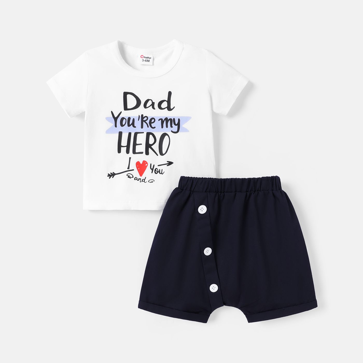 

2pcs Baby Boy 100% Cotton Button Front Solid Shorts and Letter Print Short-sleeve Tee Set