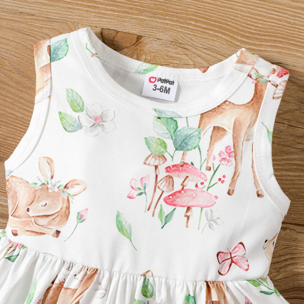 2pcs Baby Girl Allover Deer Print Tank Dress and Long-sleeve Raw Trim Denim Crop Jacket Set big image 3