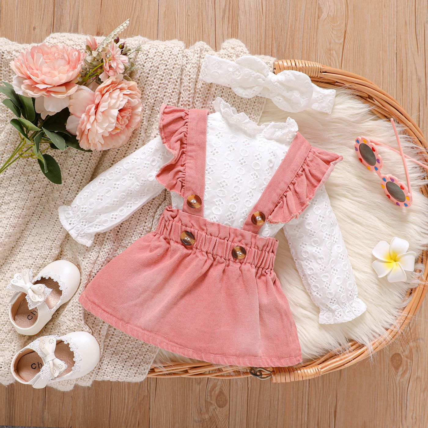 

100% Cotton 3pcs Baby Girl Lace Frill Neck Long-sleeve Romper and Ruffle Trim Denim Suspender Skirt with Headband Set