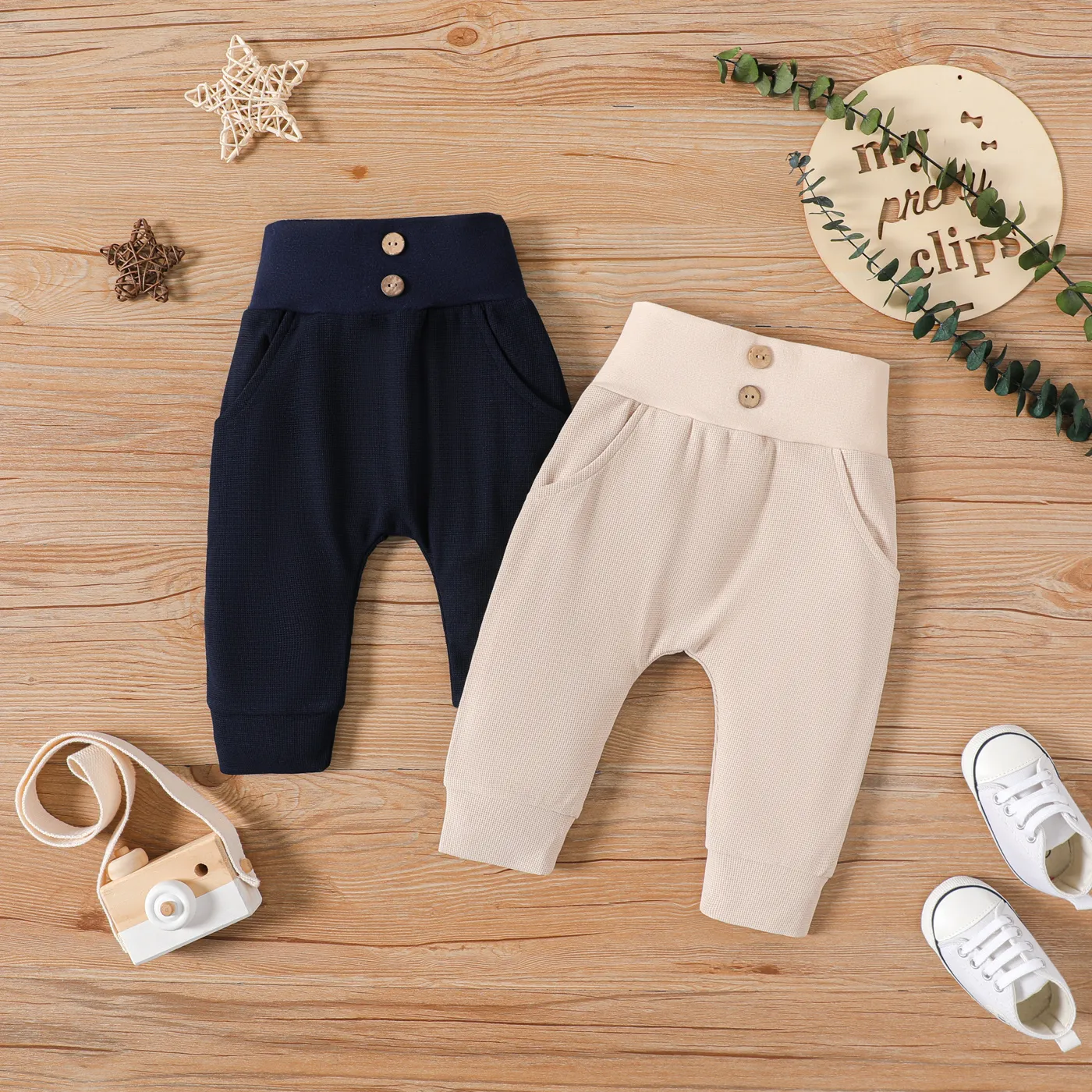 Baby Boy/Girl Solid Waffle Textured High Waist Pants