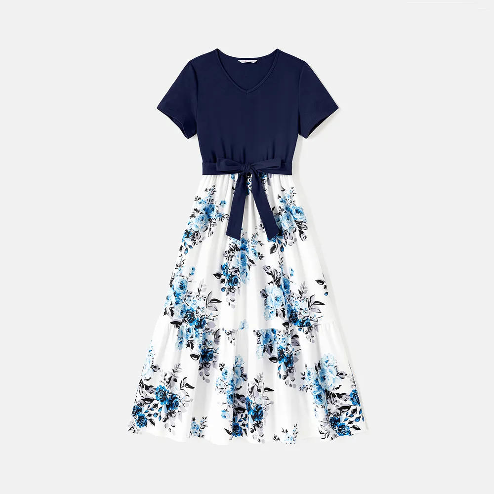 Family Matching 95% Cotton Dark Blue Short-sleeve T-shirts and Floral Print Spliced Dresses Sets  big image 16