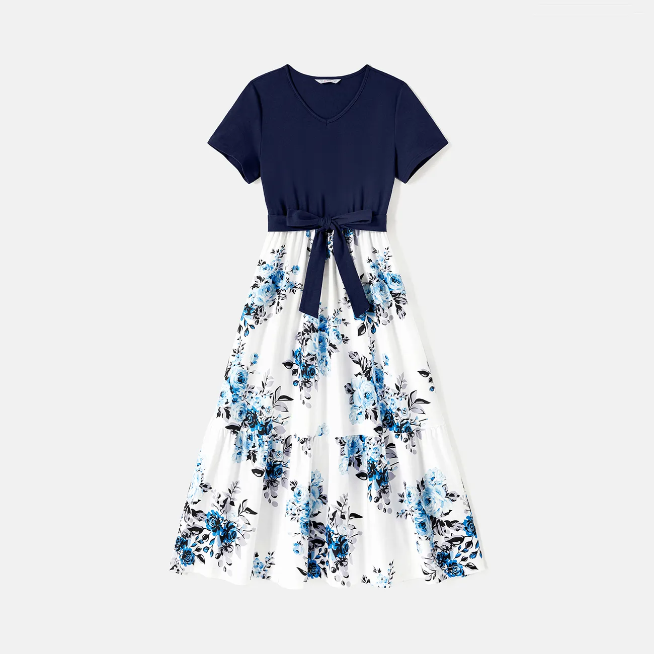 Family Matching 95% Cotton Dark Blue Short-sleeve T-shirts and Floral Print Spliced Dresses Sets DeepSapphireBlue big image 1