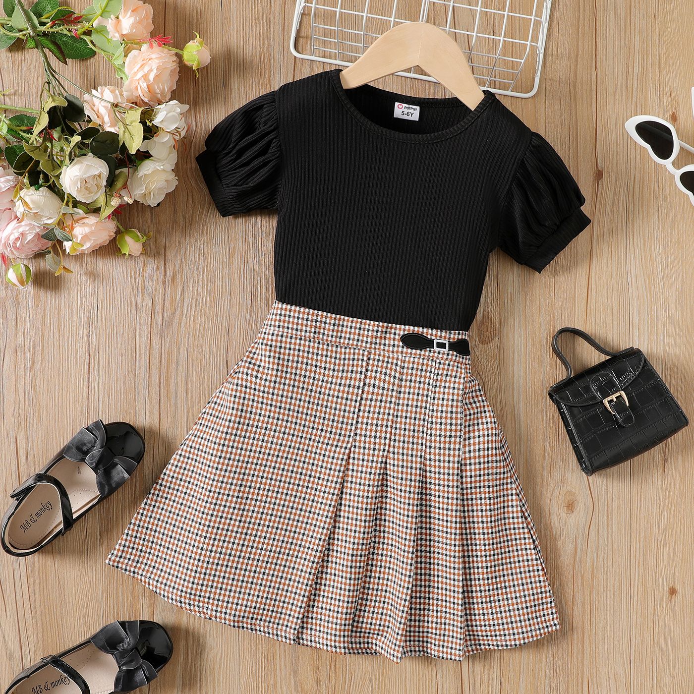 2pcs Kid Girl Ribbed Short-sleeve Tee And Plaid Pleated Skirt Set