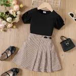 2pcs Kid Girl Ribbed Short-sleeve Tee and Plaid Pleated Skirt Set Black