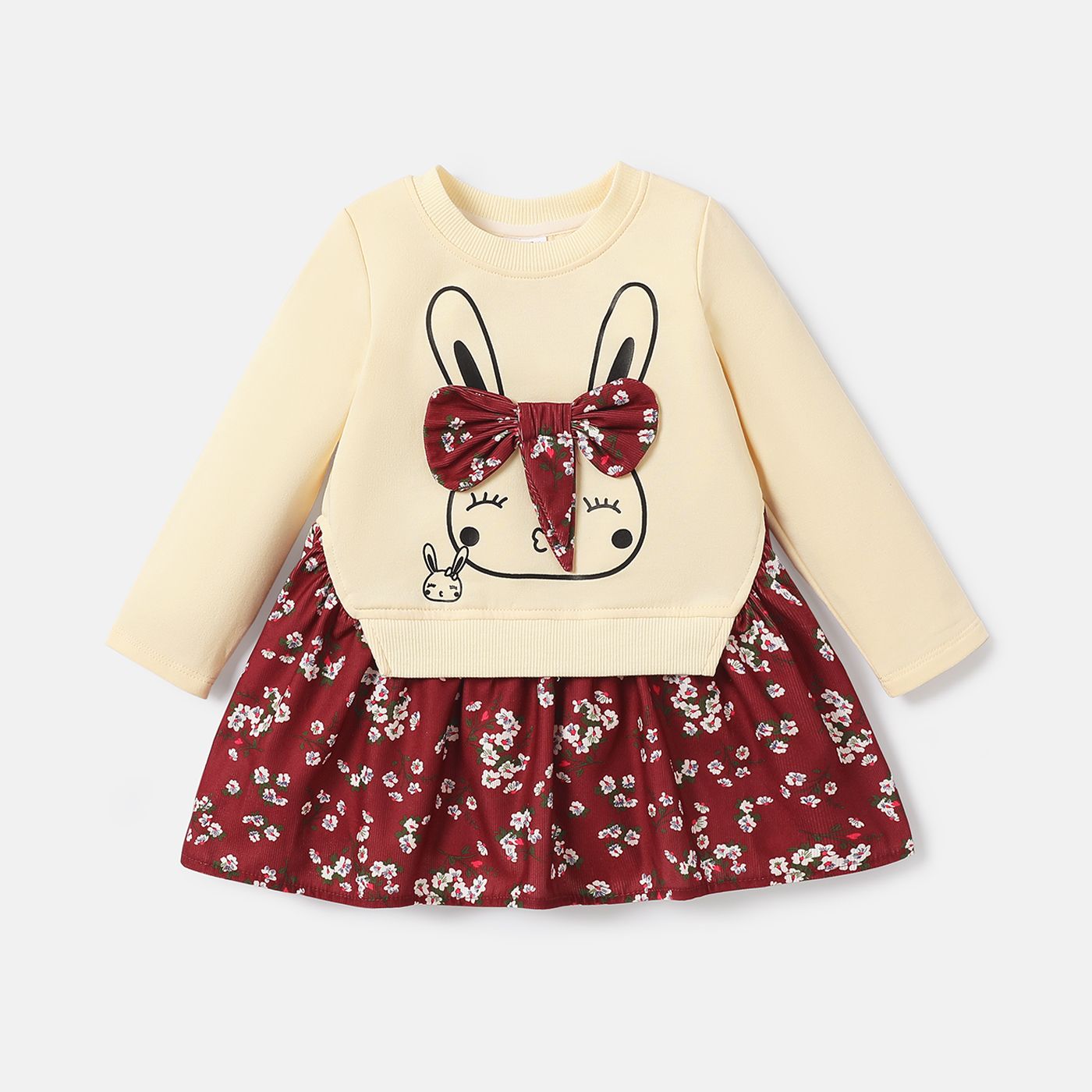 

Baby Girl Rabbit Graphic Floral Print Hem Long-sleeve Faux-two Dress