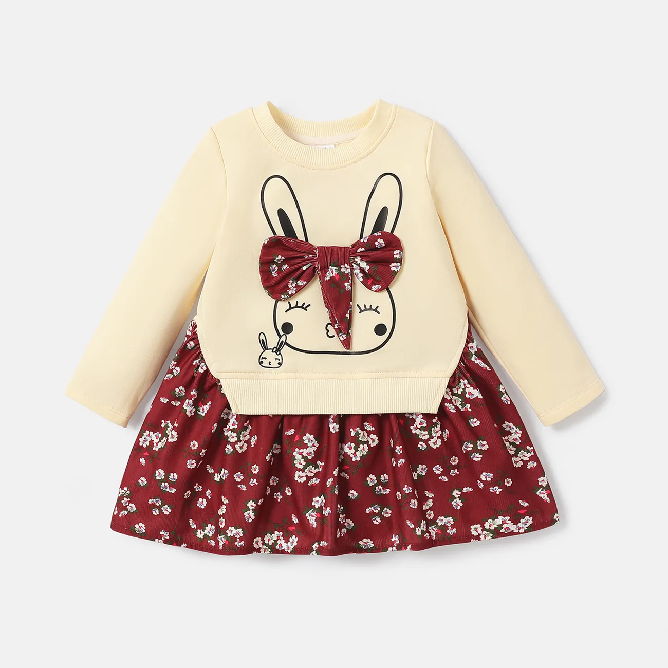Baby Girl Rabbit Graphic Floral Print Hem Long-sleeve Faux-two Dress WineRed big image 1