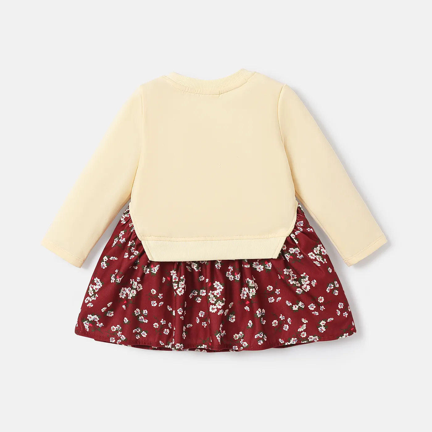 Baby Girl Rabbit Graphic Floral Print Hem Long-sleeve Faux-two Dress WineRed image 2