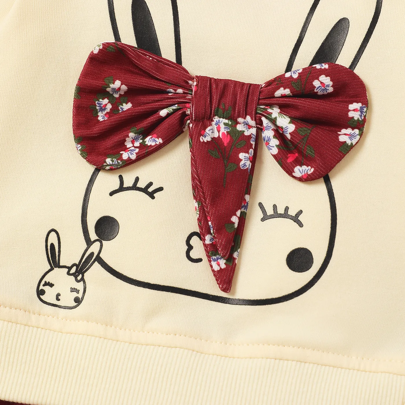 Baby Girl Rabbit Graphic Floral Print Hem Long-sleeve Faux-two Dress WineRed image 4