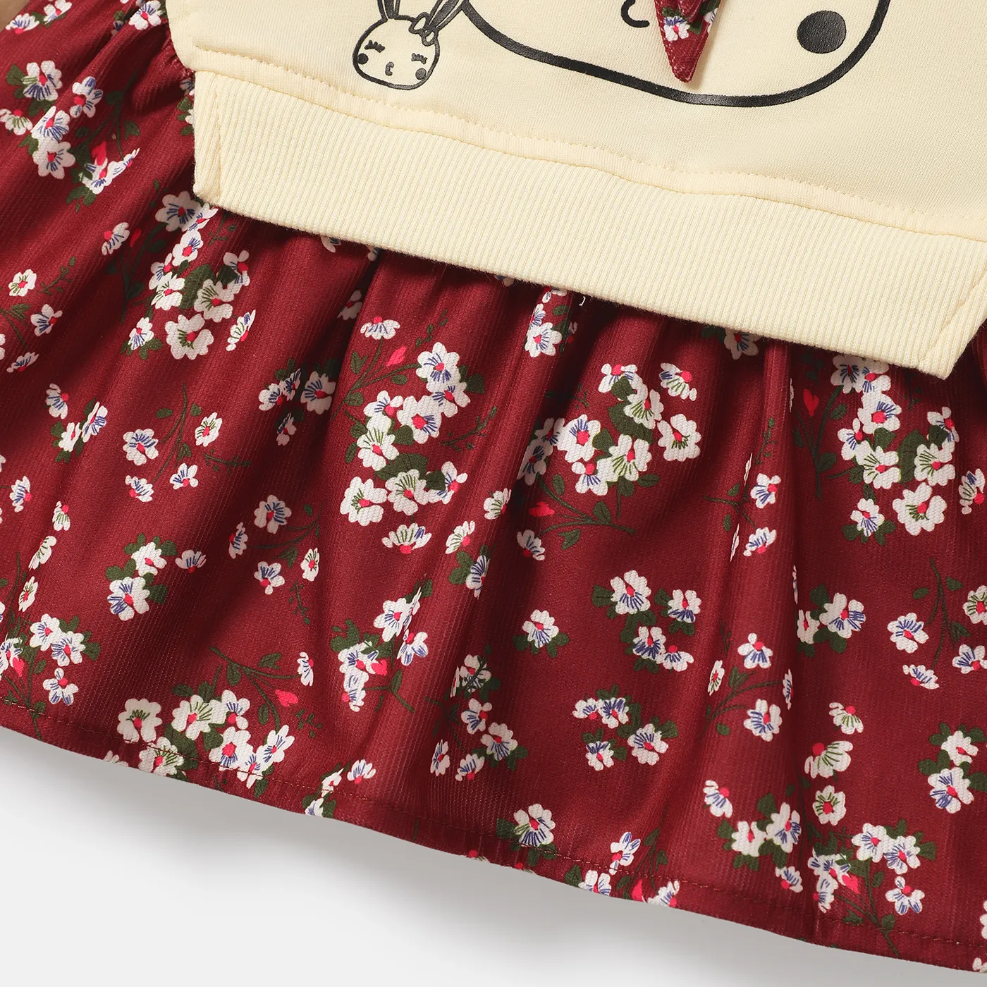 Baby Girl Rabbit Graphic Floral Print Hem Long-sleeve Faux-two Dress WineRed image 5