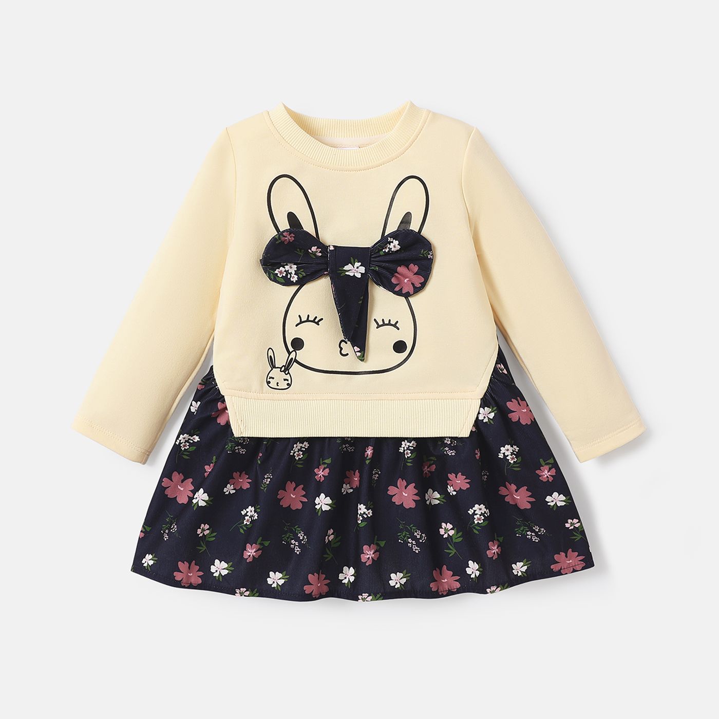 Baby Girl Rabbit Graphic Floral Print Hem Long-sleeve Faux-two Dress