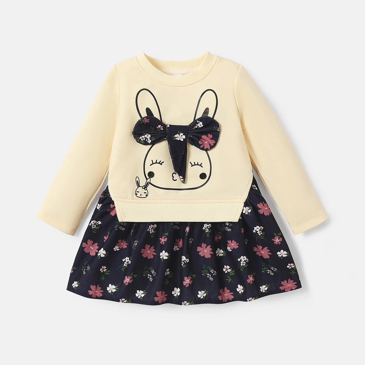 Baby Girl Rabbit Graphic Floral Print Hem Long-sleeve Faux-two Dress Deep Blue