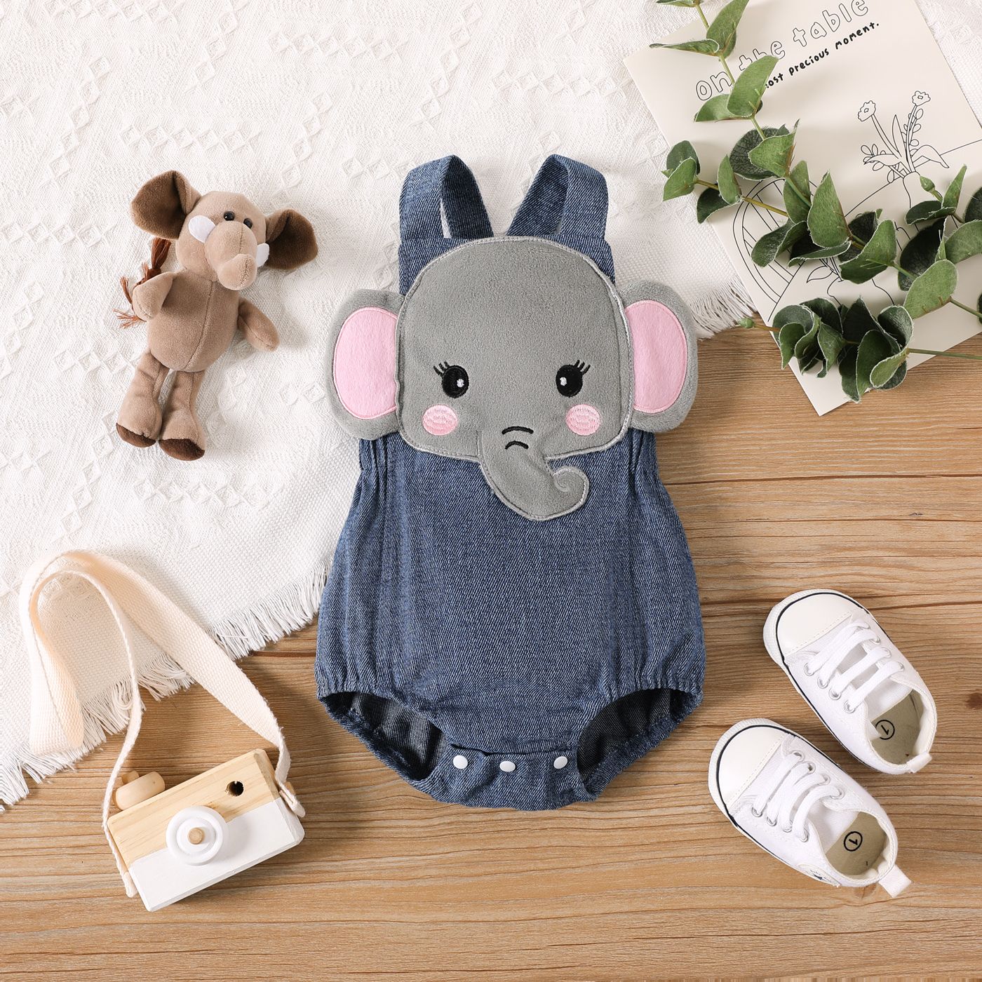 

Baby Boy/Girl 100% Cotton Elephant Graphic Sleeveless Denim Romper